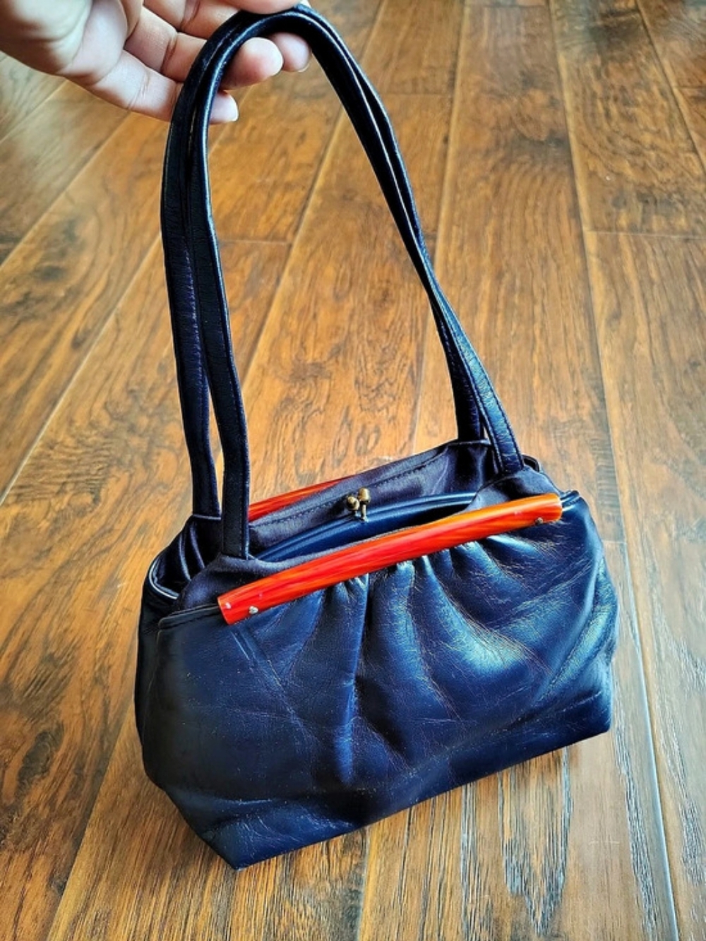 Vintage 60s Blue Leather Ruched Handbag with lucite detail and Clasp mouth